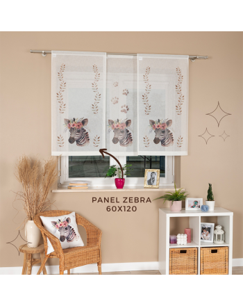 Panel firanowy o strukturze lnu do pokoju dziecięcego z motywem zebry, rozmiar 60x120 cm