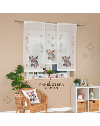 Panel firanowy o strukturze lnu do pokoju dziecięcego z motywem zebry, rozmiar 60x140 cm