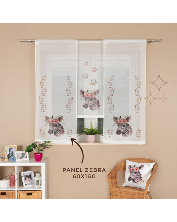 Panel firanowy o strukturze lnu do pokoju dziecięcego z motywem zebry, rozmiar 60x160 cm