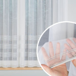 Biała firanka żakardowa  ze wzorem pasowym ze srebrnego lurexu, z ołowianką, wysokość 160 cm, Michalina - sprzedawana na metry