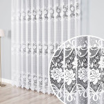 Długa firana żakardowa z kwiatowym wzorem, kolor biały, oferowana w kilku wysokościach - sprzedawana na metry