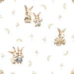 Biała welurowa tkanina zasłonowa do pokoju dziecka, z kolorowym nadrukiem, szerokość 165 cm, Króliczki - sprzedawana na metry