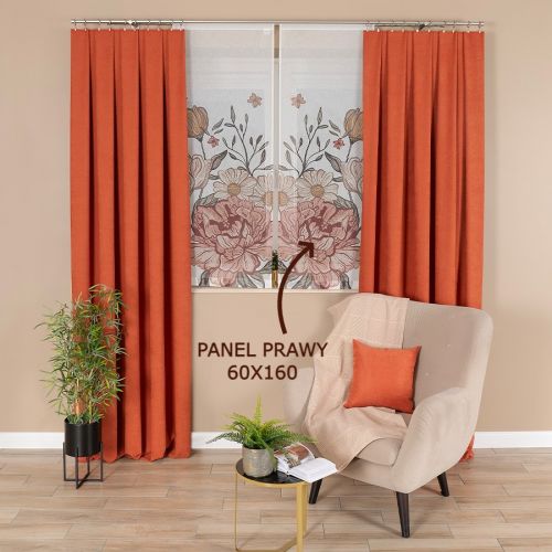 Prawy panel firanowy o strukturze lnu z motywem piwonii w stylu boho, rozmiar 60x160 cm