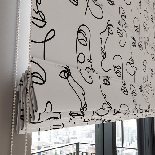 Biała roleta rzymska Faline w nowoczesny wzór twarzy line art - szyta na wymiar