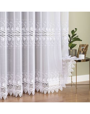 Długa elegancka firanka do salonu z aplikacją na woalu, kolor biały, wysokość 280 cm - sprzedawana na metry