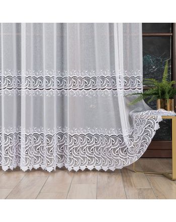 Długa firana na markizecie z finezyjnym wzorem pasowym do salonu, wysokość 280 cm, kolor biały - sprzedawana na metry