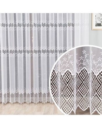 Długa firana z haftowaną aplikacją, trzy pasy, kolor biały, wysokość 250 cm - sprzedawana na metry