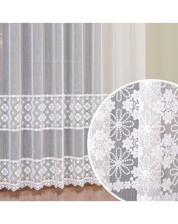 Długa firana haftowana do salonu ze wzorem pasowym, kolor biały, wysokość 290 cm - sprzedawana na metry
