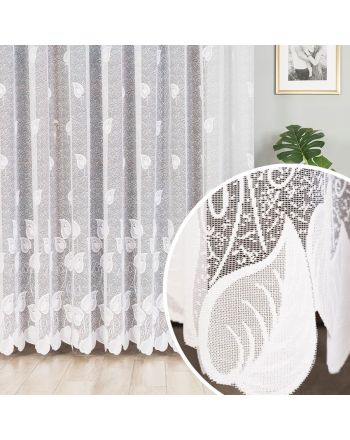 Firanka żakardowa z oryginalnym wzorem liści, kolor biały, wysokość do 230 cm, na przelotkach - szyta na wymiar