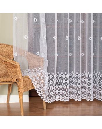 Długa firanka żakardowa z kwiatowym wzorem pasowym, kolor biały, wysokość 250 cm, Stokrotki - sprzedawana na metry