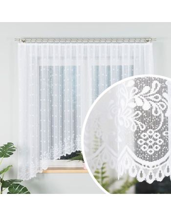 Gotowa firanka żakardowa wykończona w łuk, biała ze wzorem listków z kwiatami, oferowana w kilku rozmiarach, Karolina