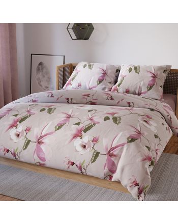 Komplet pościeli z satyny bawełnianej, kolor beżowy, wzór biało-różowe kwiaty, oferowany w dwóch rozmiarach: 160x200 i 200x220 cm, Magnolia