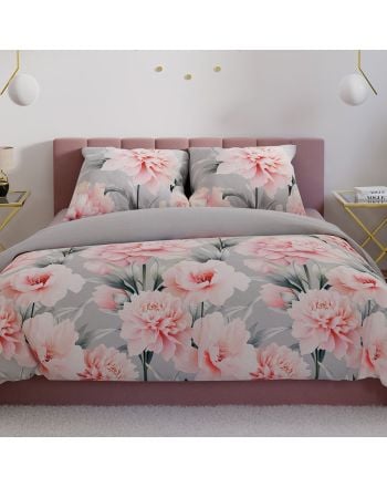 Komplet pościeli z bawełny satynowej, szarej ze wzorem dużych róż, oferowanej w dwóch rozmiarach, Marigold