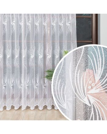 Długa gotowa firana żakardowa z finezyjnym wzorem po całości, kolor biały, rozmiar 300x250 cm