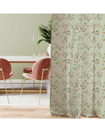 Wodoodporny materiał na zasłony lub obrusy, nadruk w tonacji szałwiowo-czerwonym, szerokość 160 cm, Poziomki - sprzedawany na metry