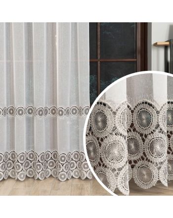 Biała firanka z haftowanym wzorem pasowym w kolorze szarym, 112769, wysokość 280 cm - sprzedawana na metry