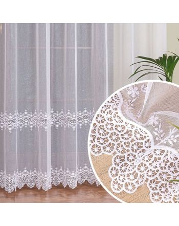 Długa firana do salonu z aplikacją i wzorem pasowym na markizecie, kolor biały, wysokość 280 cm - sprzedawana na metry