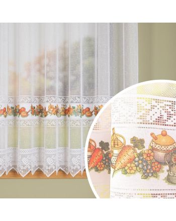 Krótka firanka żakardowa do kuchni z drukowanym ze wzorem pasowym w żywych kolorach, wysokość 160 cm - sprzedawana na metry