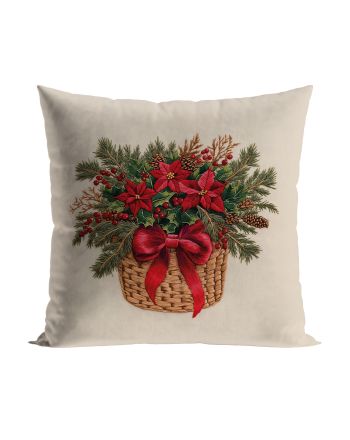 Welwetowa poszewka dekoracyjna 40x40 cm z motywem świątecznego bukietu w koszyku z czerwonymi kokardami i efektem wyszywania – produkt polski