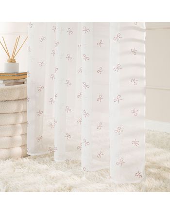 Firana do salonu na przelotkach, biały woal w diamentowe czerwone wstążki Ribbon, rozmiar 140x250 cm