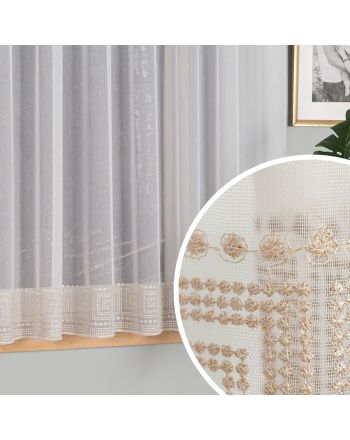 Firanka z haftowanym wzorem greckiej drogi na samym dole, kolor biały ze złotym błyskiem, wysokość 160 cm, 127195 - sprzedawana na metry