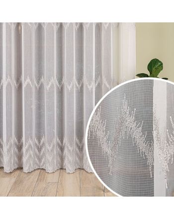 Długa firana do salonu z geometrycznym srebrnym wzorem haftu na białym tle, wysokość 280 cm - sprzedawana na metry