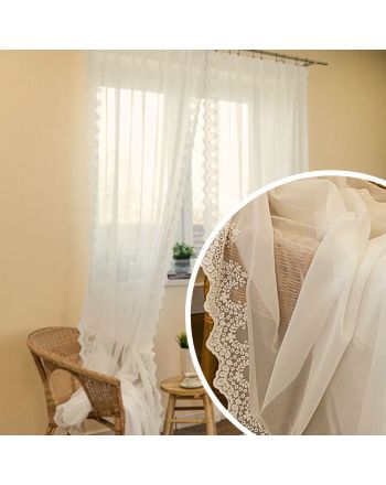 Delikatna zasłonka, firanka haftowana na woalu, szerokość 150 cm, kolor kremowym - sprzedawana na metry