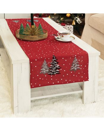 Bieżnik w kolorze czerwonym ze świątecznym haftem, rozmiar 40x140 cm, Śnieżna magia