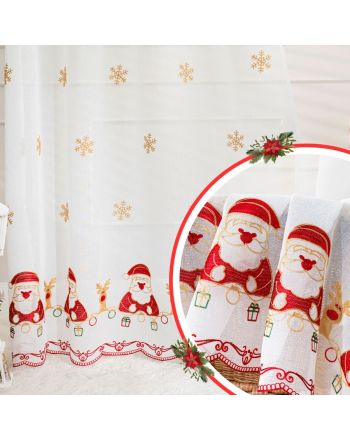 Świąteczna firana gotowa na przelotkach, biały batyst z kolorowym haftem, rozmiar 140x250 cm, Noelle
