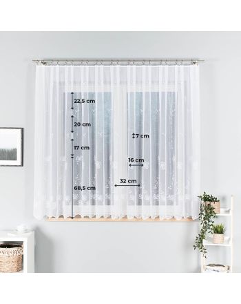 Krótka firana haftowana w kwiatowy wzór, kolor biały, 053801, wysokość 160 cm - sprzedawana na metry