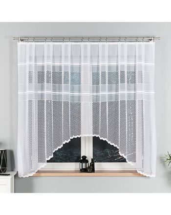Gotowa firanka żakardowa z białymi poziomymi pasami wykończona w łuk, rozmiar 310x160 cm, Korino