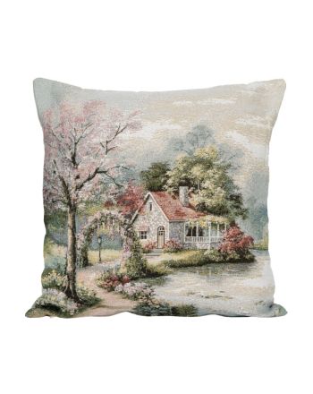 Gobelinowa poszewka dekoracyjna z wzorem prowansalskiego domku nad jeziorem, rozmiar 43x43 cm