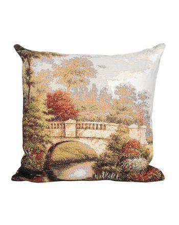Gobelinowa poszewka dekoracyjna z wzorem sielankowego mostu, rozmiar 43x43 cm