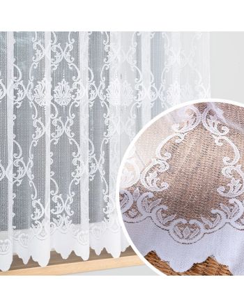 Krótka firanka żakardowa ze wzorem ornamentowym po całości, kolor biały, oferowana w dwóch wysokościach - sprzedawana na metry