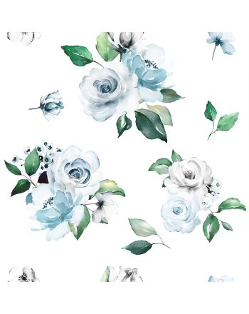 Biała tkanina zasłonowa drukowana w niebieskie kwiaty, szerokość 140 cm, Lanosa -  sprzedawana na metry