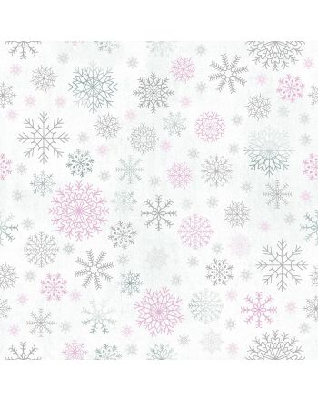 Świąteczna tkanina dekoracyjna na metry ze śnieżynkami, kolor srebrno-różowy
