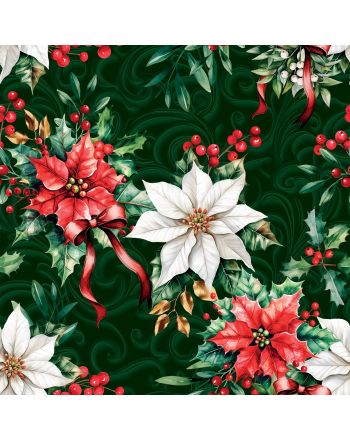 Wodoodporny materiał świąteczny z motywem gwiazdy betlejemskiej na ciemnozielonym tle, szerokość 160 cm