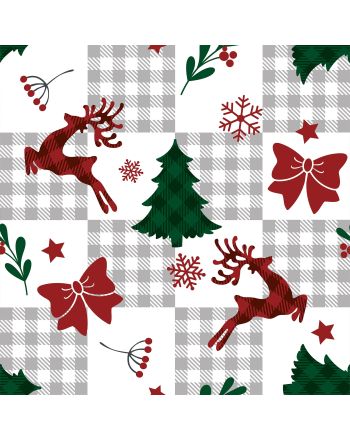 Wzór wodoodpornego materiału z motywem świątecznym. Na białym tle z delikatną szaro-białą kratą patchworkową widoczne są czerwone renifery w kratę, zielone choinki, czerwone śnieżynki, czerwone kokardki, zielone gałązki z czerwonymi jagodami oraz czerwone