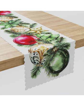 Bieżnik/nakładka z białej tkaniny wodoodpornej z kolorowym świątecznym nadrukiem, rozmiar 38x160 cm, Bombki