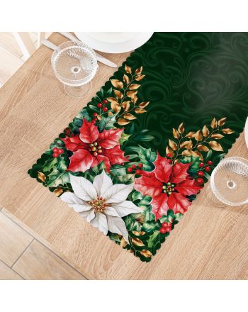 Bieżnik z tkaniny wodoodpornej ze świątecznym nadrukiem w tonacji ciemnozielonej, rozmiar 38x160 cm, Gwiazda Betlejemska