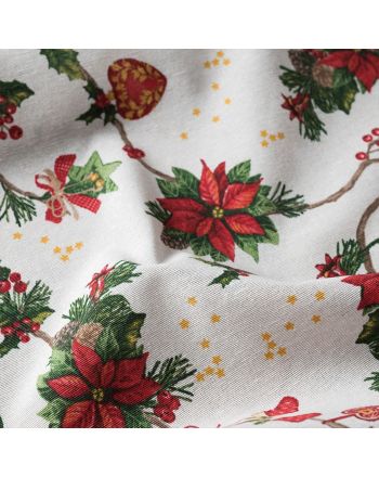Tkanina świąteczna, szerokość 140 cm, kolor biały z czerwono-zielonym wzorem