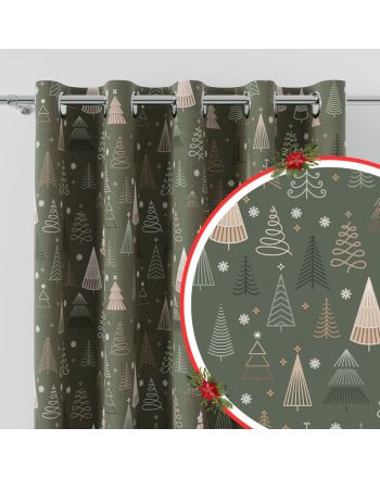 Zasłona z tkaniny wodoodpornej drukowana na przelotkach, kolor oliwkowa zieleń, szerokość 160 cm, Geometryczny las - szyta na wymiar