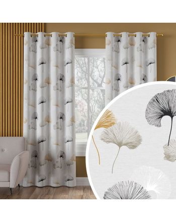 Wodoodporny materiał na obrusy lub zasłony, nadruk w kolorze szaro-musztardowym, szerokość  160 cm, Ginko Bilboa - sprzedawany na metry