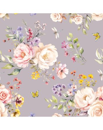 Tkanina zasłonowa z velvetu w tonacji fioletowej z nadrukiem kwiatów, szerokość 150 cm, Rosanna- sprzedawana na metry