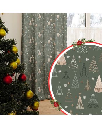 Zasłona z tkaniny wodoodpornej, drukowana, kolor oliwkowa zieleń, na taśmie, wysokość do 350 cm, Geometryczne choinki - szyta na wymiar