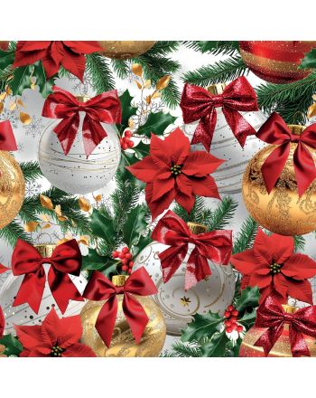 Świąteczna tkanina wodoodporna z nadrukiem bombek, poinsecji i gałązek świerku w czerwono-złotej kolorystyce – idealna na zasłony i obrusy