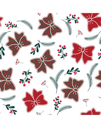 Świąteczny wodoodporny materiał na biały tle z czerwonymi kokardami i gałązkami – wzór „Kokarda Szkoti”