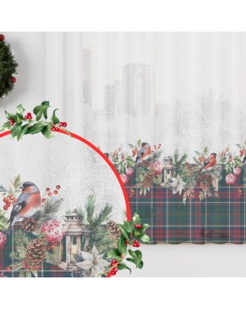 Biała firanka woalowa uszyta na taśmie z ołowianką i nadrukiem świątecznym, Girlanda - szyta na wymiar