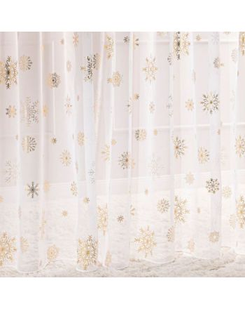 Firana świąteczna woalowa z obciążnikiem ze złotym nadrukiem płatków śniegu wysokość 290 cm Śnieżka - na metry