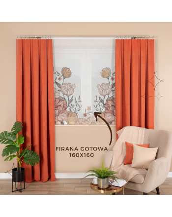 Panel firanowy o strukturze lnu z motywem piwonii w stylu boho, rozmiar 40x120 cm